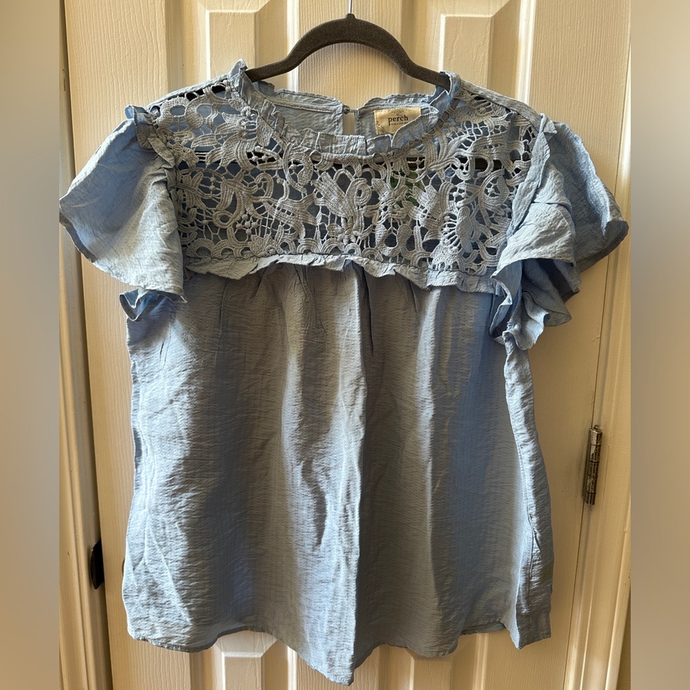 Perch Plus Size Top Embroidered Cut-Out Front Light Blue Best Suited for…